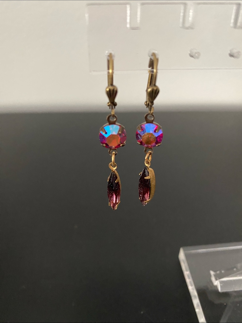 Gold-tone Dangle Earrings with Pink-Magenta Crystal Drops